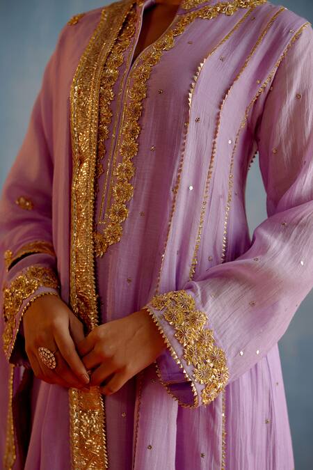 Shop_Shetab Kazmi_Purple Chanderi, Cotton Embroidery, Mirrors, Gota Patti Mukaish Anarkali Set _Online_at_Aza_Fashions