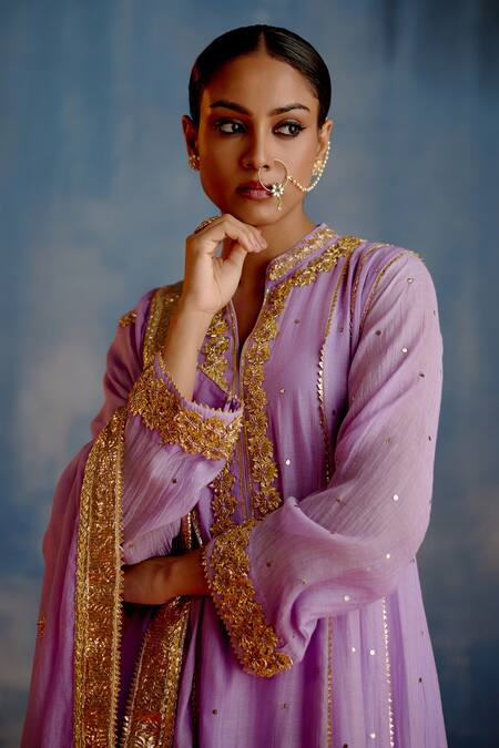 Shetab Kazmi_Purple Chanderi, Cotton Embroidery, Mirrors, Gota Patti Mukaish Anarkali Set _at_Aza_Fashions