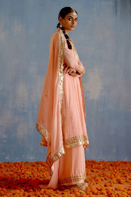 Shetab Kazmi_Peach Chanderi, Cotton Embroidery, Mirrors, Gota Patti Open Mukaish Kurta Set _Online_at_Aza_Fashions