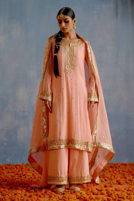 Shetab Kazmi Mukaish Embroidered Peach Kurta Set 