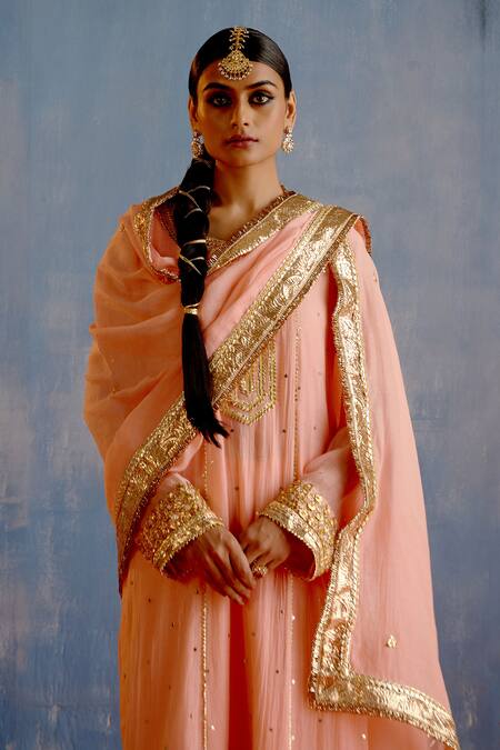 Buy_Shetab Kazmi_Peach Chanderi, Cotton Embroidery, Mirrors, Gota Patti Open Mukaish Kurta Set _Online_at_Aza_Fashions