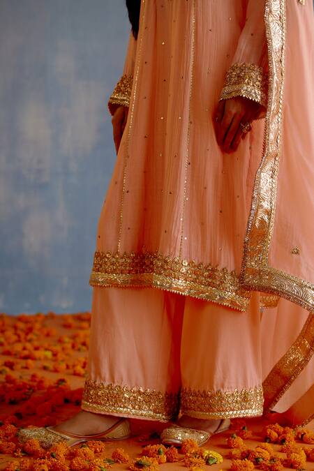 Shop_Shetab Kazmi_Peach Chanderi, Cotton Embroidery, Mirrors, Gota Patti Open Mukaish Kurta Set _Online_at_Aza_Fashions