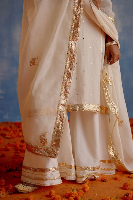 Shetab Kazmi_White Chanderi, Cotton Gota Patti, Mirrors, Lace Mukaish Embroidered Kurta Set _Online_at_Aza_Fashions