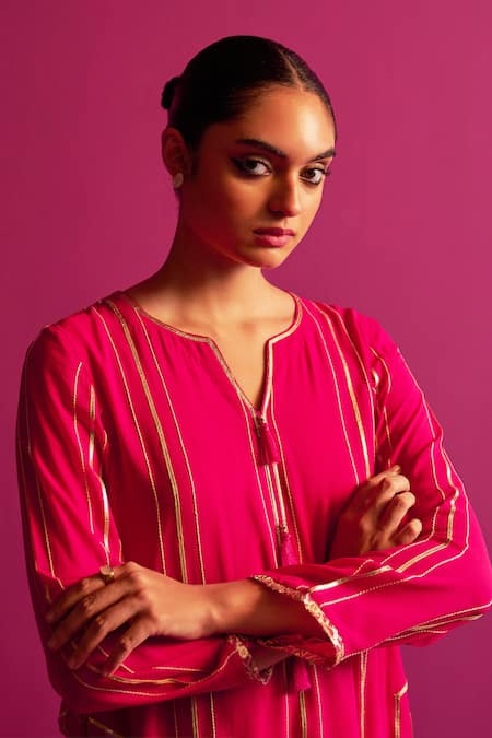 Shop_Shetab Kazmi_Fuchsia Viscose, Georgette Gota Patti, Beads Dhanak Embroidered Kurta Set _Online_at_Aza_Fashions