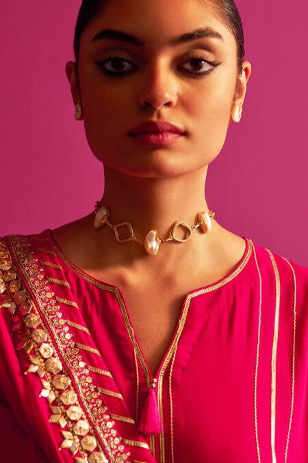 Buy_Shetab Kazmi_Fuchsia Viscose, Georgette Gota Patti, Beads Dhanak Embroidered Kurta Set 