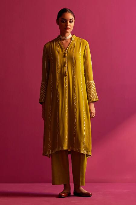 Buy_Shetab Kazmi_Green Viscose, Georgette Gota Patti, Beads Mandarin Embroidered Kurta Pant Set _Online_at_Aza_Fashions