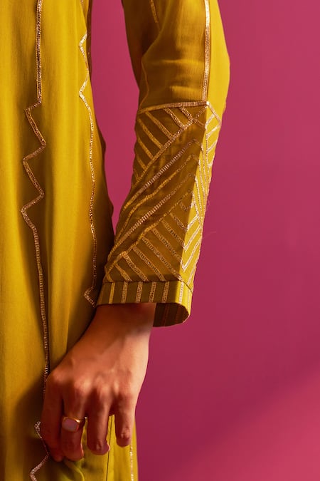 Shop_Shetab Kazmi_Green Viscose, Georgette Gota Patti, Beads Mandarin Embroidered Kurta Pant Set _Online_at_Aza_Fashions