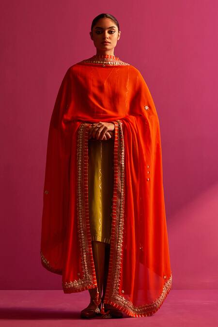 Shetab Kazmi_Green Viscose, Georgette Gota Patti, Beads Mandarin Embroidered Kurta Pant Set _at_Aza_Fashions