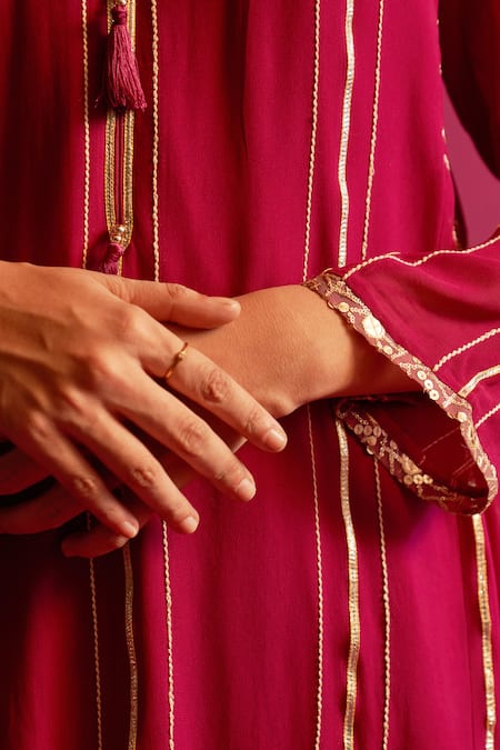 Shetab Kazmi_Magenta Viscose, Georgette Gota Patti, Beads Dhanak Hand Embroidered Kurta Set _Online_at_Aza_Fashions
