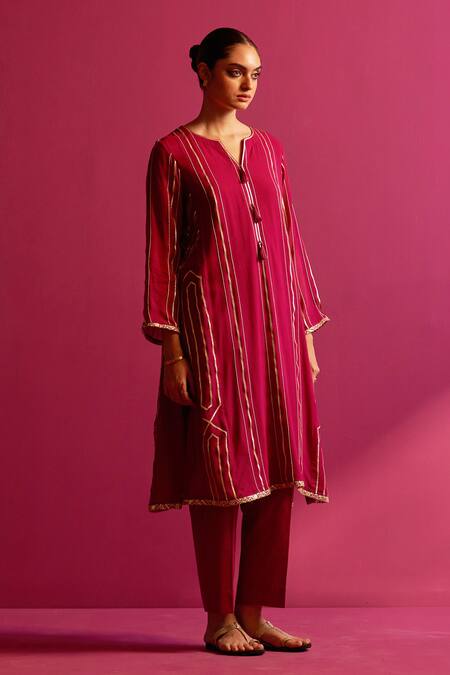 Shop_Shetab Kazmi_Magenta Viscose, Georgette Gota Patti, Beads Dhanak Hand Embroidered Kurta Set _Online_at_Aza_Fashions