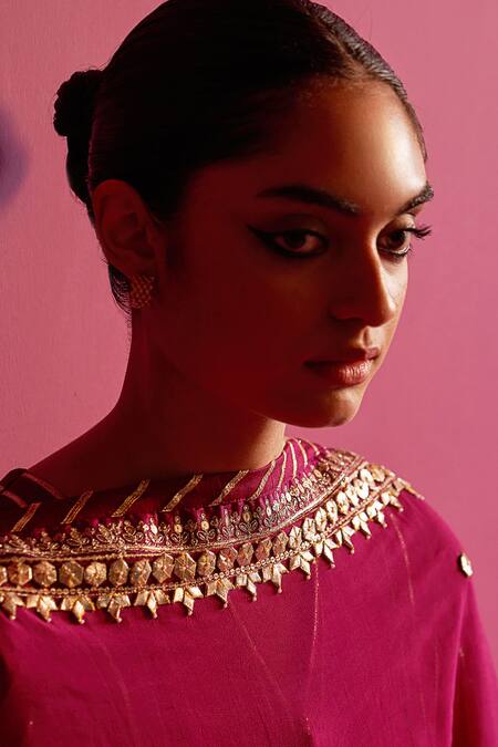 Shetab Kazmi_Magenta Viscose, Georgette Gota Patti, Beads Dhanak Hand Embroidered Kurta Set _at_Aza_Fashions