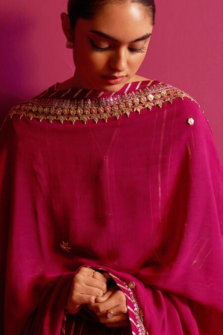 Buy_Shetab Kazmi_Magenta Viscose, Georgette Gota Patti, Beads Dhanak Hand Embroidered Kurta Set 
