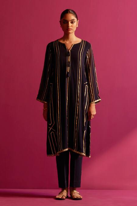 Shetab Kazmi_Blue Viscose, Georgette Gota Patti, Beads Open Neck Navy Embroidered Kurta Set _Online_at_Aza_Fashions
