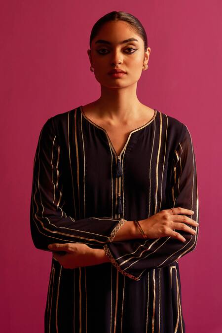 Buy_Shetab Kazmi_Blue Viscose, Georgette Gota Patti, Beads Open Neck Navy Embroidered Kurta Set _Online_at_Aza_Fashions