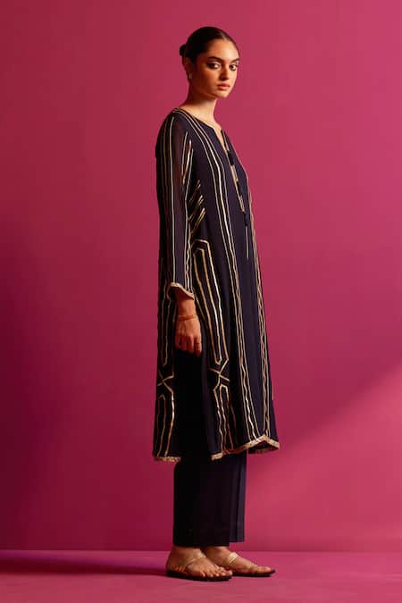 Shop_Shetab Kazmi_Blue Viscose, Georgette Gota Patti, Beads Open Neck Navy Embroidered Kurta Set _Online_at_Aza_Fashions
