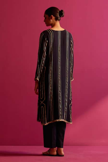 Shop_Shetab Kazmi_Blue Viscose, Georgette Gota Patti, Beads Open Neck Navy Embroidered Kurta Set _at_Aza_Fashions