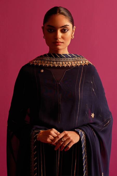 Shetab Kazmi_Blue Viscose, Georgette Gota Patti, Beads Open Neck Navy Embroidered Kurta Set _at_Aza_Fashions