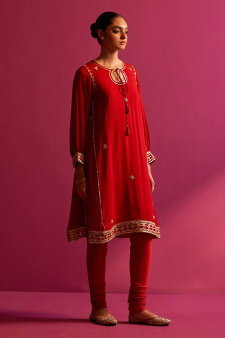 Buy Shetab Kazmi Maroon Viscose, Cotton Gota Patti, Embroidery Keyhole Neck Kurta Set Online at Aza Fashions Buy_Shetab Kazmi_Maroon Viscose, Cotton Gota Patti, Embroidery Keyhole Neck Kurta Set _Online_at_Aza_Fashions