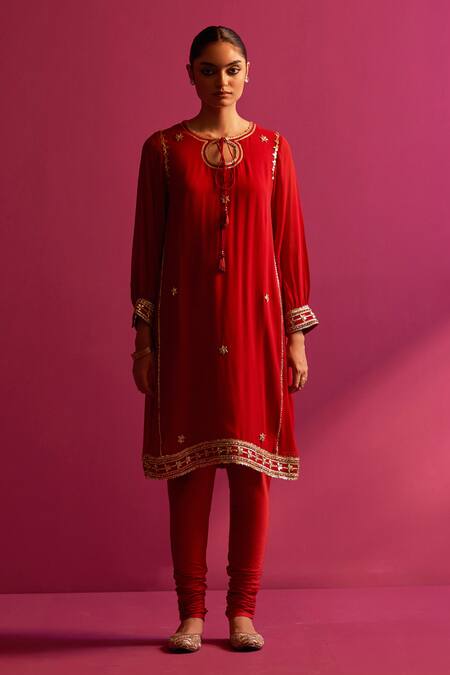 Shop Shetab Kazmi Maroon Viscose, Cotton Gota Patti, Embroidery Keyhole Neck Kurta Set Online at Aza Fashions Shop_Shetab Kazmi_Maroon Viscose, Cotton Gota Patti, Embroidery Keyhole Neck Kurta Set _Online_at_Aza_Fashions