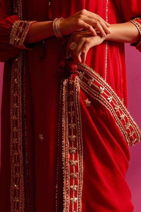 Shetab Kazmi Maroon Viscose, Cotton Gota Patti, Embroidery Keyhole Neck Kurta Set at Aza Fashions Shetab Kazmi_Maroon Viscose, Cotton Gota Patti, Embroidery Keyhole Neck Kurta Set _at_Aza_Fashions