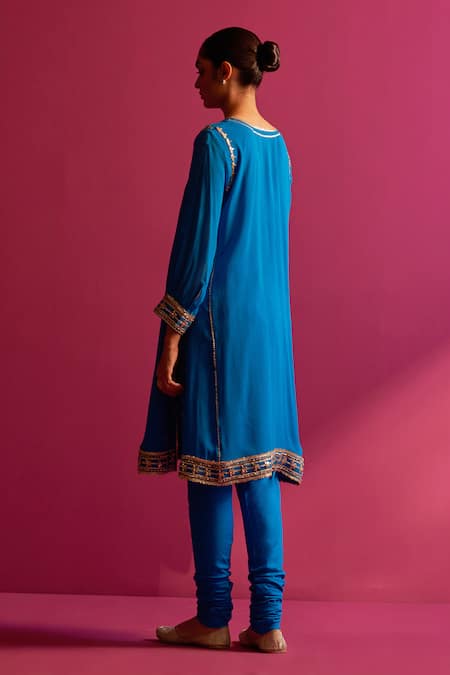 Shop_Shetab Kazmi_Blue Viscose, Cotton Gota Patti, Embroidery Keyhole Neck Gokru Hand Kurta Set _at_Aza_Fashions