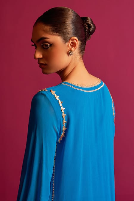 Shetab Kazmi_Blue Viscose, Cotton Gota Patti, Embroidery Keyhole Neck Gokru Hand Kurta Set _Online_at_Aza_Fashions
