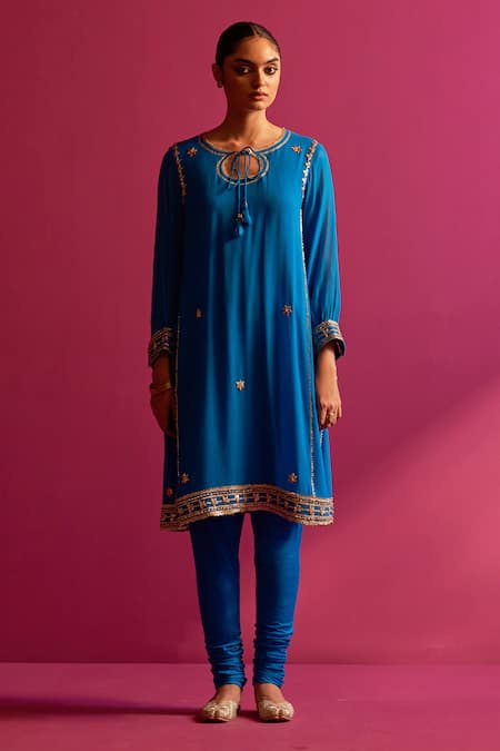 Buy_Shetab Kazmi_Blue Viscose, Cotton Gota Patti, Embroidery Keyhole Neck Gokru Hand Kurta Set _Online_at_Aza_Fashions