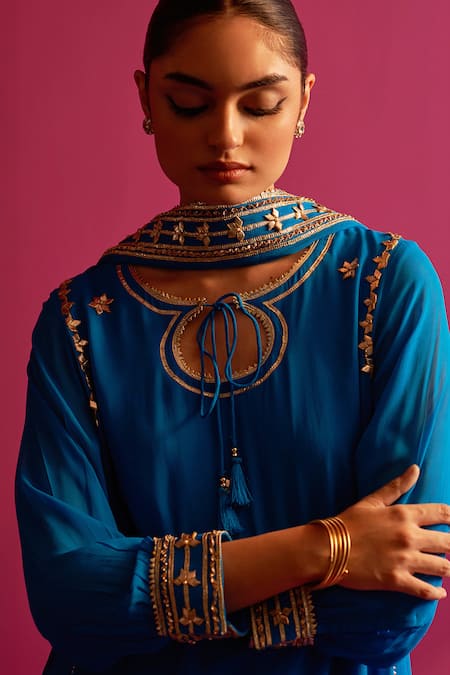 Shop_Shetab Kazmi_Blue Viscose, Cotton Gota Patti, Embroidery Keyhole Neck Gokru Hand Kurta Set _Online_at_Aza_Fashions