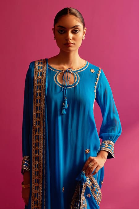 Shetab Kazmi_Blue Viscose, Cotton Gota Patti, Embroidery Keyhole Neck Gokru Hand Kurta Set _at_Aza_Fashions