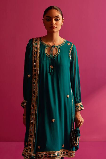 Shetab Kazmi_Green Viscose, Georgette, Cotton Gota Patti, Embroidery Keyhole Hand Kurta Set _Online_at_Aza_Fashions