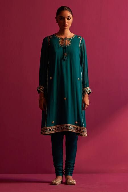 Buy_Shetab Kazmi_Green Viscose, Georgette, Cotton Gota Patti, Embroidery Keyhole Hand Kurta Set _Online_at_Aza_Fashions