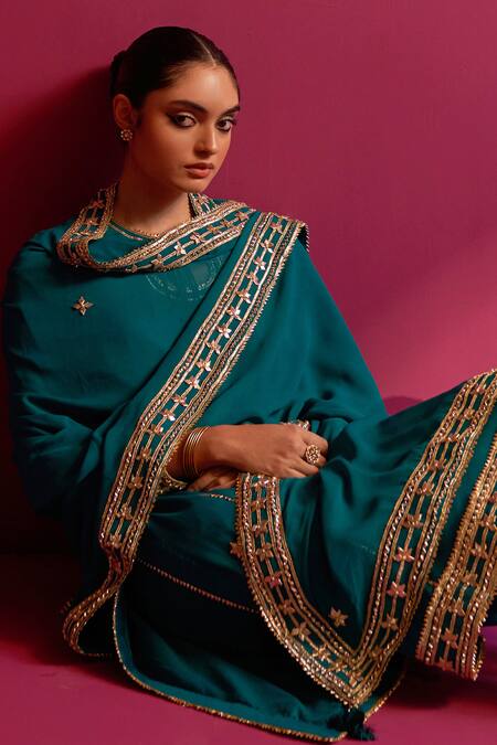 Shop_Shetab Kazmi_Green Viscose, Georgette, Cotton Gota Patti, Embroidery Keyhole Hand Kurta Set _Online_at_Aza_Fashions
