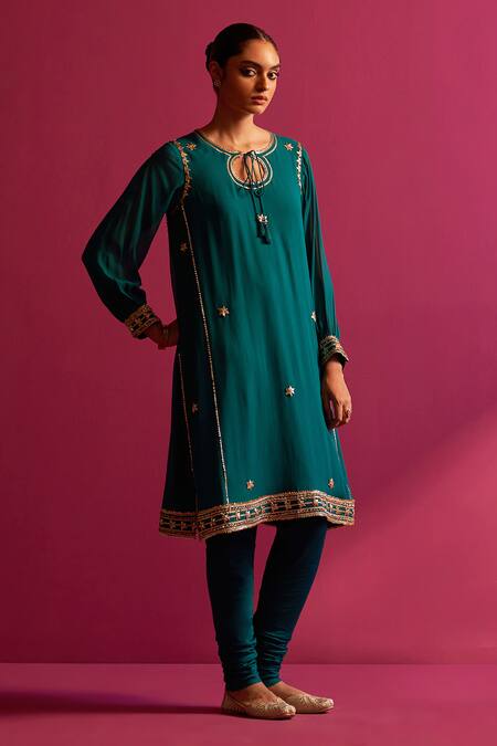 Buy_Shetab Kazmi_Green Viscose, Georgette, Cotton Gota Patti, Embroidery Keyhole Hand Kurta Set 