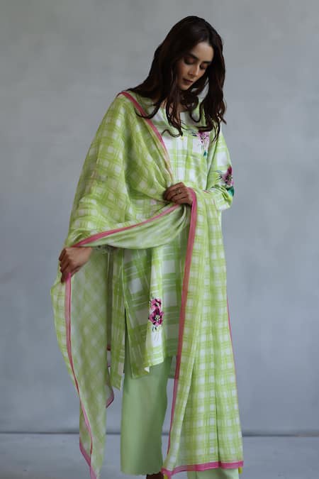 Roza Green Lime Checkered Print Stole 