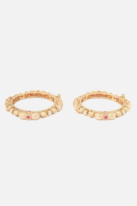 Shop_Vivinia By Vidhi Mehra_Gold Plated Stones Floral Carved Temple Bangles Set _at_Aza_Fashions