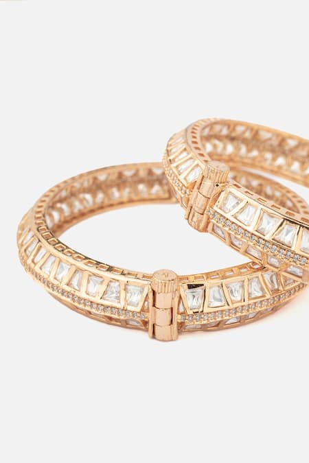 Vivinia By Vidhi Mehra_Gold Plated Stones Geometric Kundan Polki Bangles Set _Online_at_Aza_Fashions