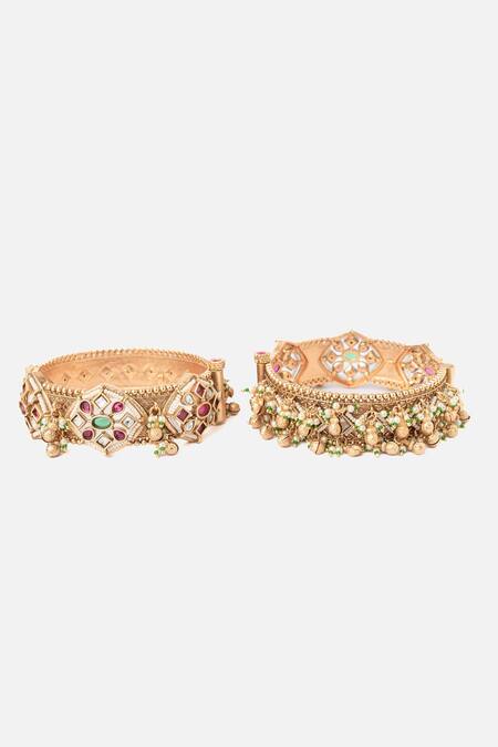 Vivinia By Vidhi Mehra_Gold Plated Stones Blossom Motif Bangle Set _Online_at_Aza_Fashions