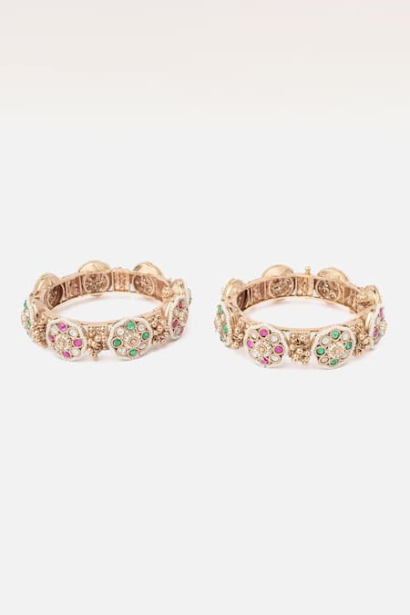 Shop Vivinia By Vidhi Mehra Gold Plated Stones Floral Kundan Embellished Bangles Set at Aza Fashions Shop_Vivinia By Vidhi Mehra_Gold Plated Stones Floral Kundan Embellished Bangles Set _at_Aza_Fashions