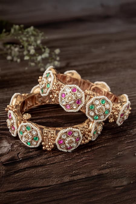 Vivinia By Vidhi Mehra Gold Plated Stones Floral Kundan Embellished Bangles Set 