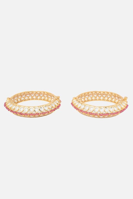 Shop_Vivinia By Vidhi Mehra_Gold Plated Stones Teardrop Kundan Polki Bangles Set _at_Aza_Fashions