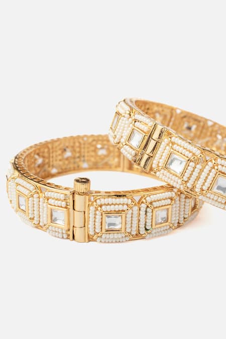 Vivinia By Vidhi Mehra_Gold Plated Pearls, Stones Geometric Quad Bangles Set _Online_at_Aza_Fashions