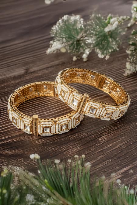 Vivinia By Vidhi Mehra Gold Geometric Quad Stone Bangles Set 