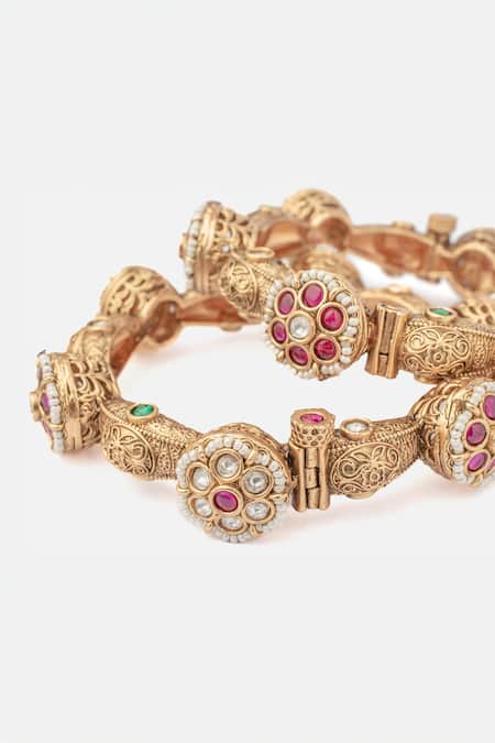 Vivinia By Vidhi Mehra_Gold Plated Stones Floret Embellished Bangles Set _Online_at_Aza_Fashions