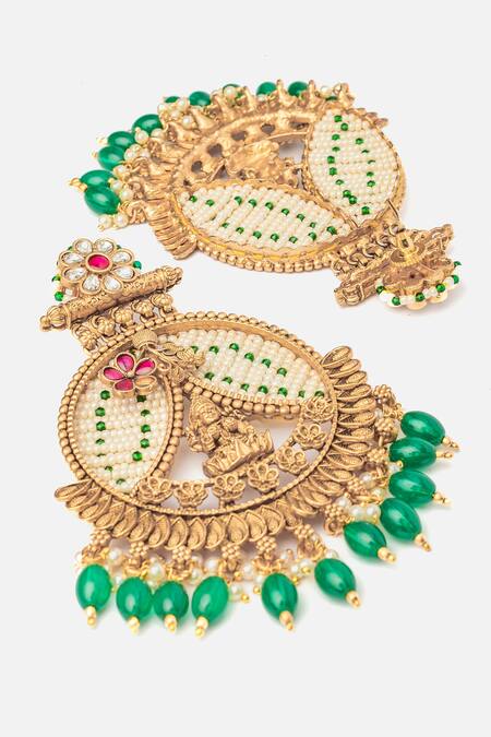 Vivinia By Vidhi Mehra_Gold Plated Pearls, Stones Deity Carved Chandbali Earrings _Online_at_Aza_Fashions