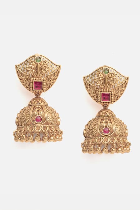 Shop Vivinia By Vidhi Mehra Gold Plated Stones Pink Embellished Jhumka Earrings at Aza Fashions Shop_Vivinia By Vidhi Mehra_Gold Plated Stones Pink Embellished Jhumka Earrings _at_Aza_Fashions