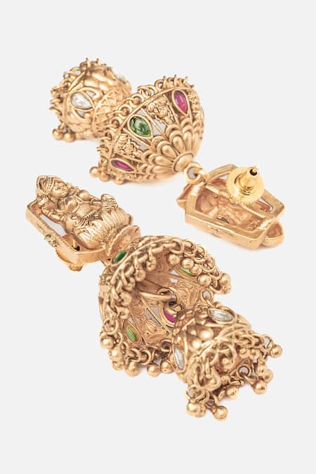 Vivinia By Vidhi Mehra_Gold Plated Stones Deity Carved Layered Jhumka Earrings _Online_at_Aza_Fashions