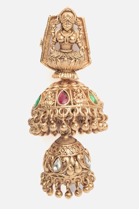 Buy_Vivinia By Vidhi Mehra_Gold Plated Stones Deity Carved Layered Jhumka Earrings _Online_at_Aza_Fashions