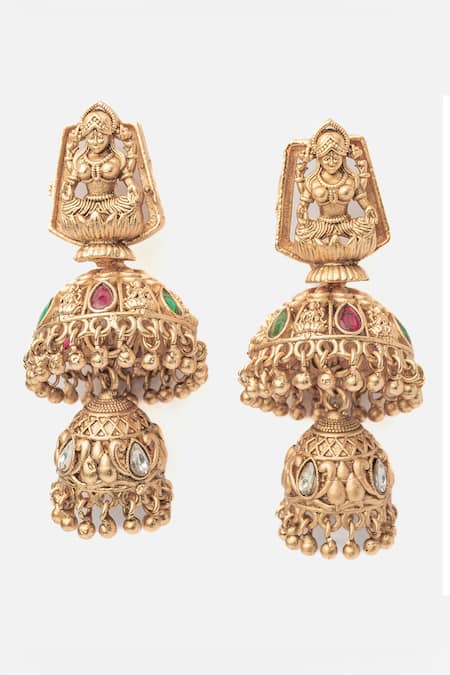 Shop_Vivinia By Vidhi Mehra_Gold Plated Stones Deity Carved Layered Jhumka Earrings _at_Aza_Fashions