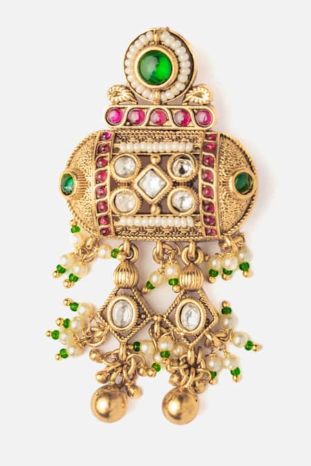 Vivinia By Vidhi Mehra_Gold Plated Pearls, Stones And Green Ornate Jaal Danglers _Online_at_Aza_Fashions
