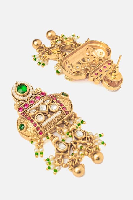Buy_Vivinia By Vidhi Mehra_Gold Plated Pearls, Stones And Green Ornate Jaal Danglers _Online_at_Aza_Fashions